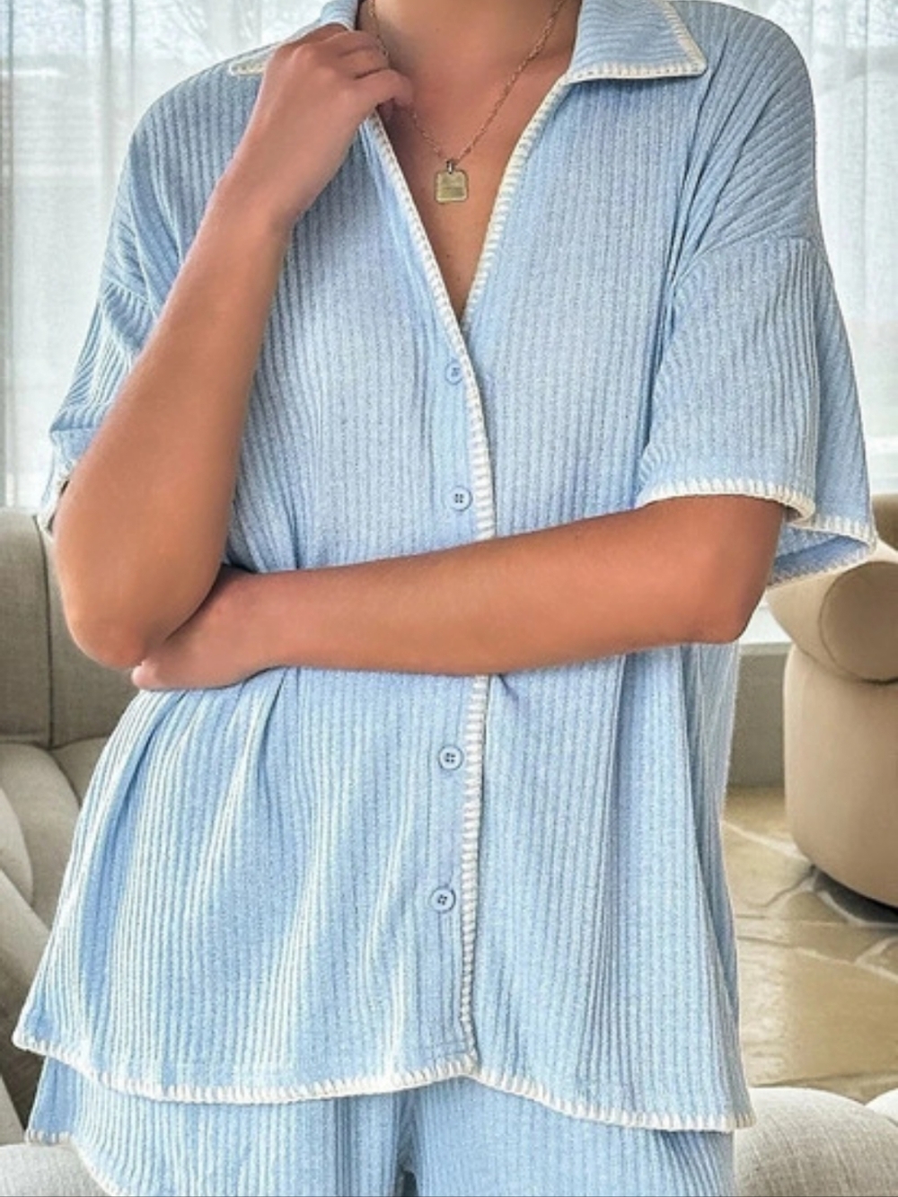 Billy J Blue Ribbed Button-Front Top & Shorts - Picture 2 of 7